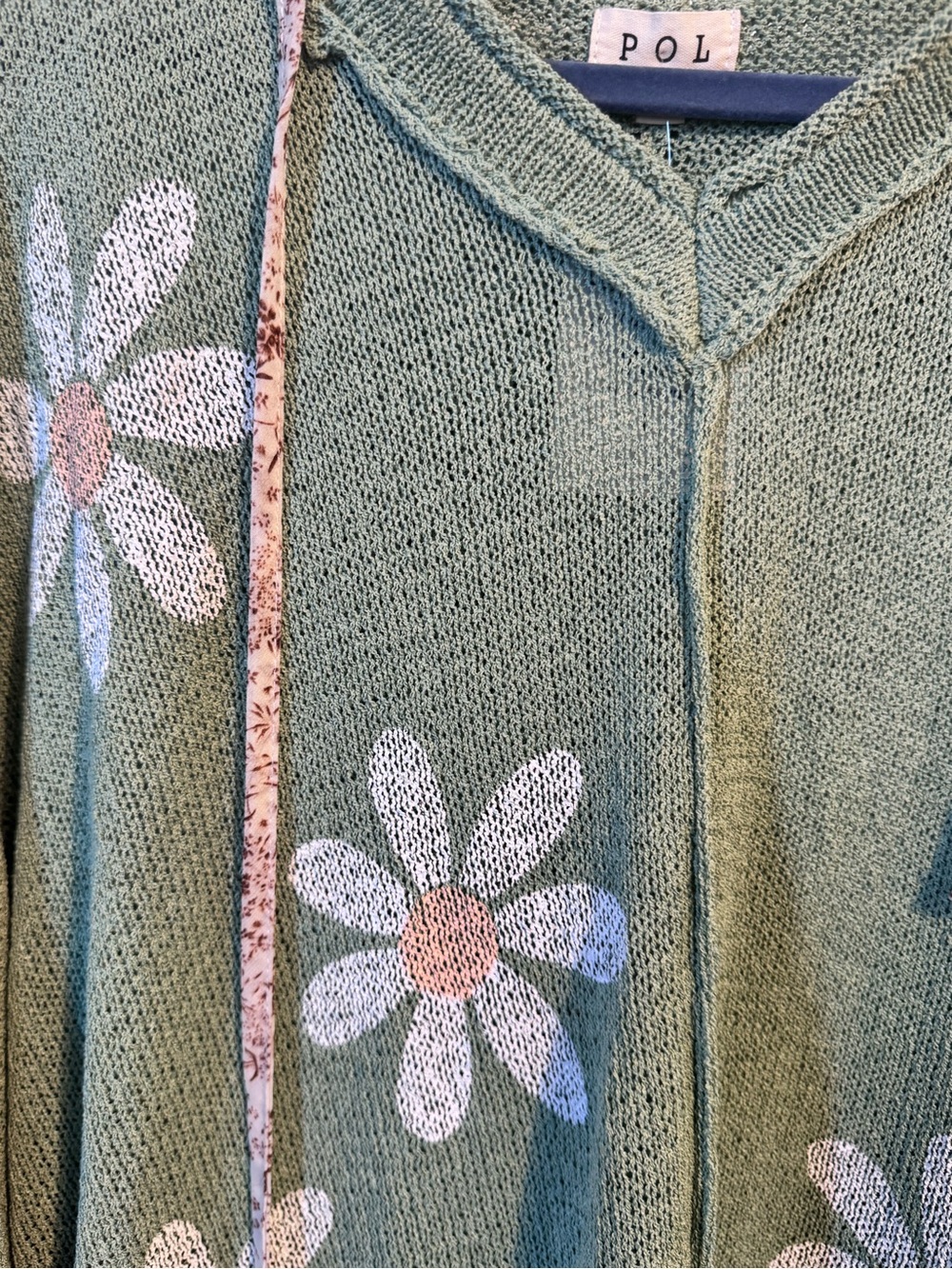 POL Sage Green Daisy Flower Open Knit Crochet Hooded Sweater Size Large - Picture 5 of 11